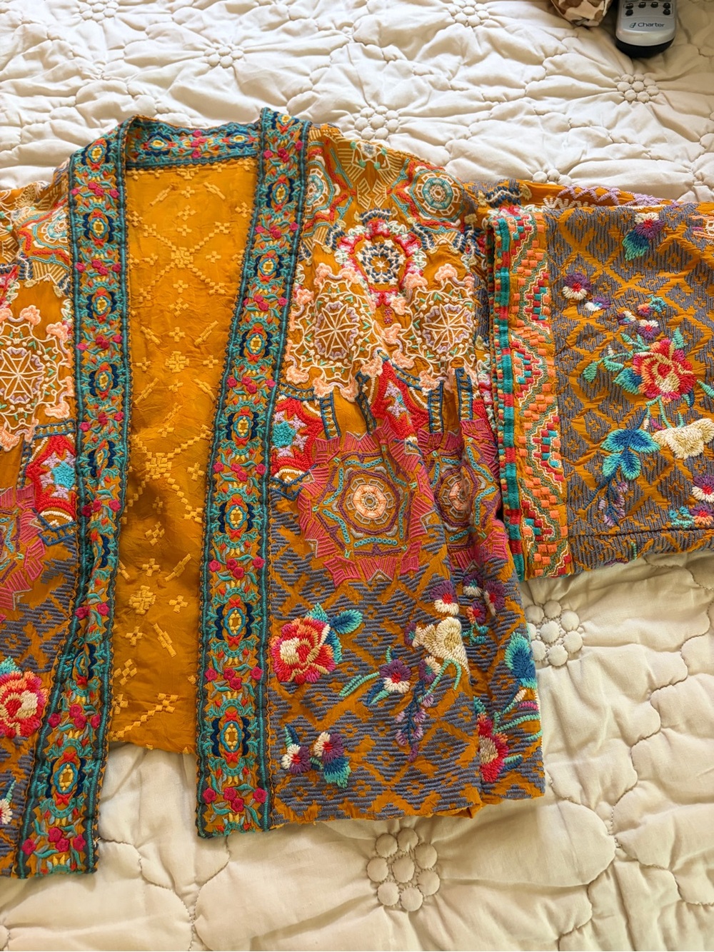Johnny Was reversible Embroidered Multicolor Kimono Jacket - Mustard